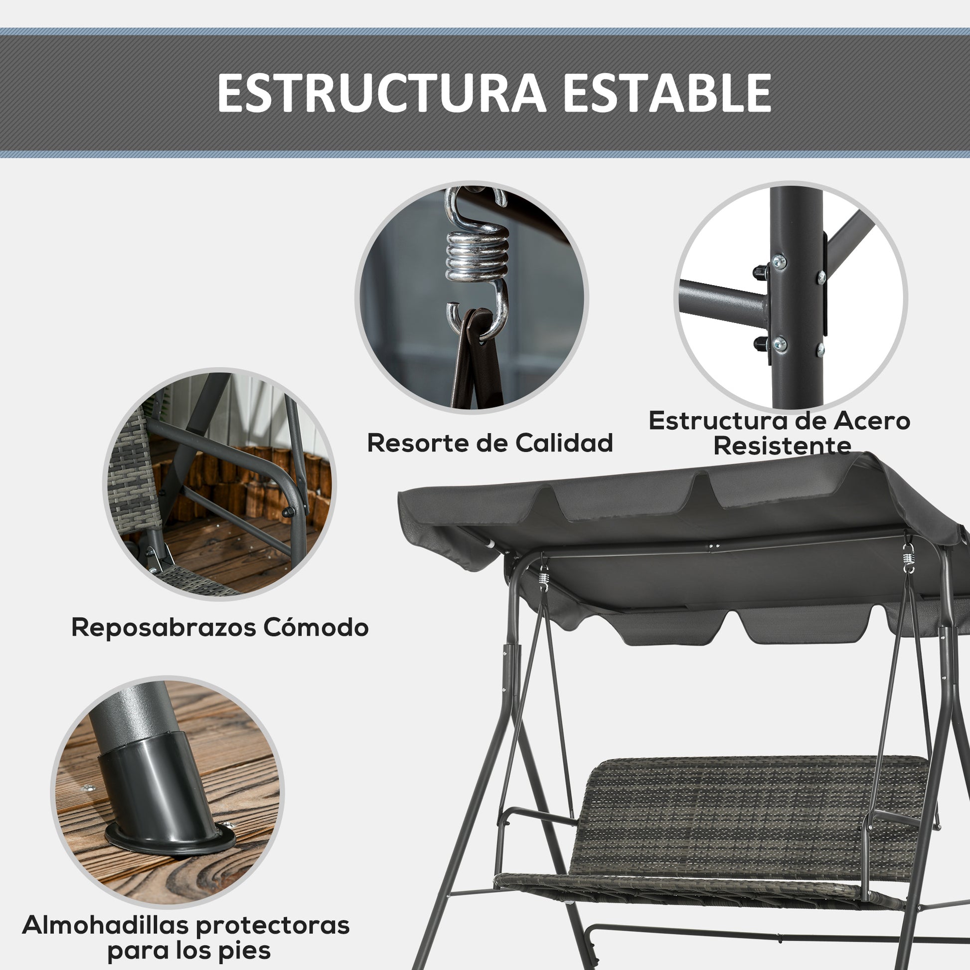 Three-Seater Outdoor Garden Swing with Adjustable Canopy PE Rattan Seat and Armrests for Balcony Terrace Patio Load 240 kg 167x112x153 cm Gray