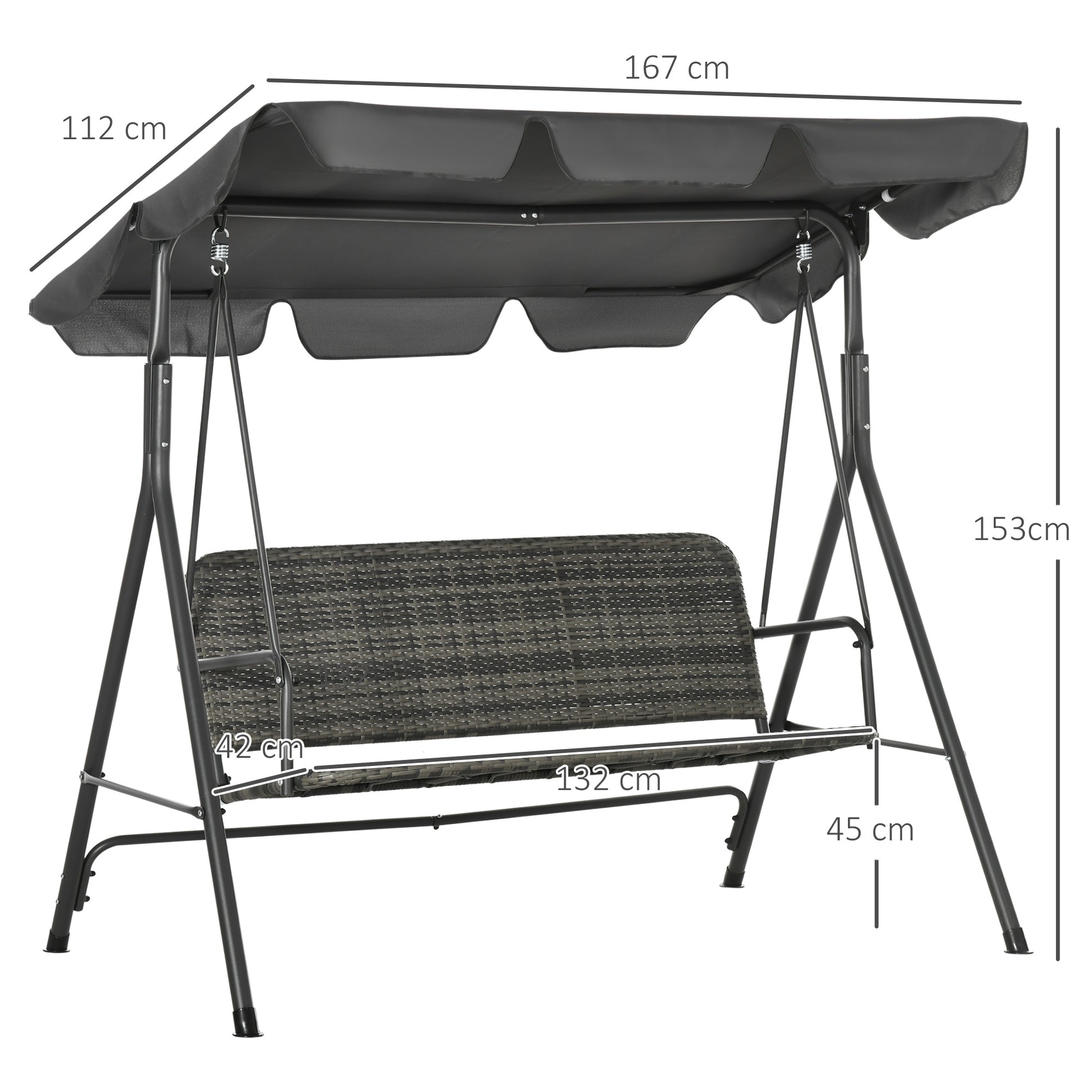 Three-Seater Outdoor Garden Swing with Adjustable Canopy PE Rattan Seat and Armrests for Balcony Terrace Patio Load 240 kg 167x112x153 cm Gray
