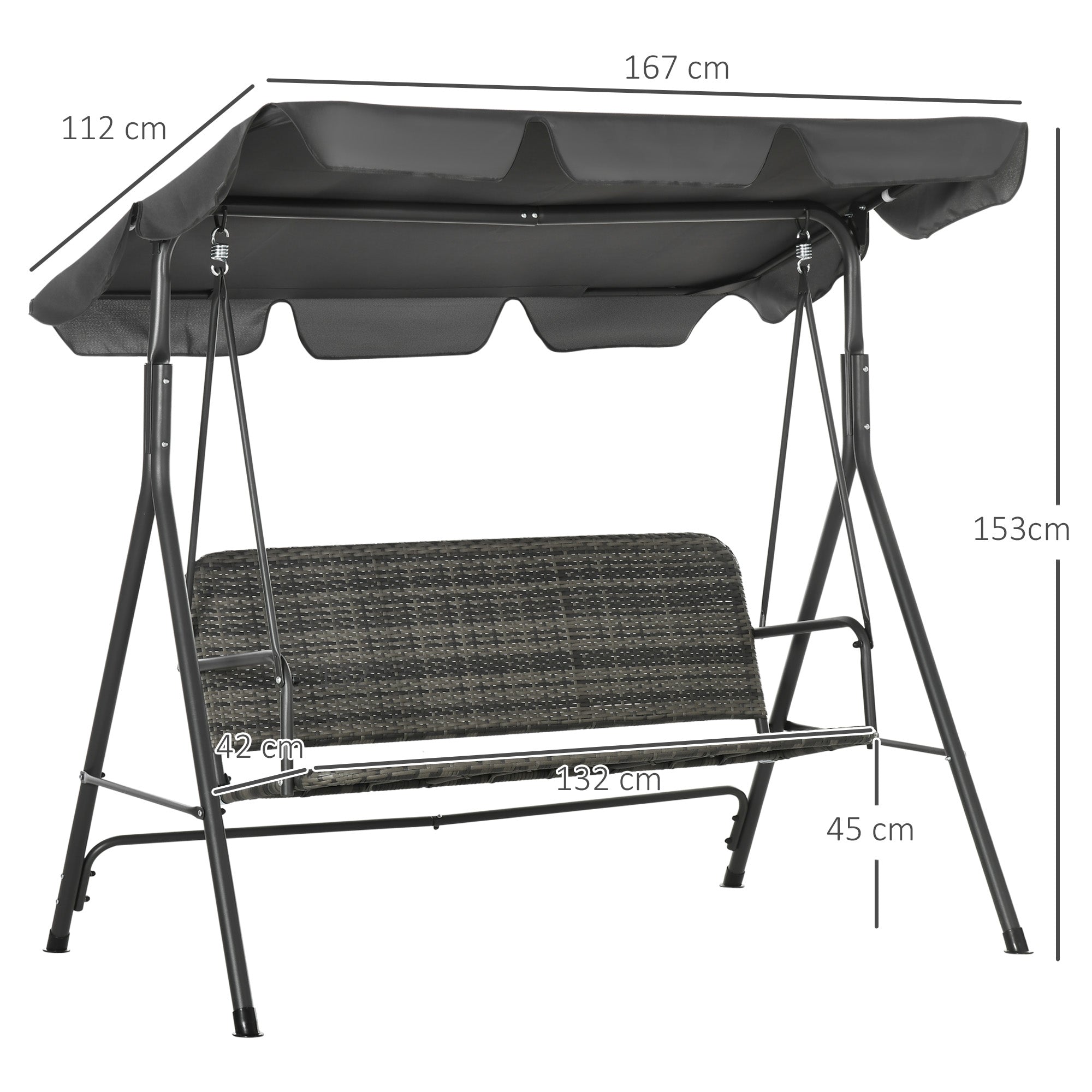 Three-Seater Outdoor Garden Swing with Adjustable Canopy PE Rattan Seat and Armrests for Balcony Terrace Patio Load 240 kg 167x112x153 cm Gray