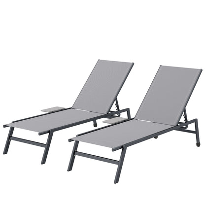 2-Piece Adjustable Sun Lounger Set with 5-Position Backrests, Side Tables & Wheels — Slip-Resistant Feet, Up to 265 lb, Outdoor Chaise for Pool & Beach, Gray