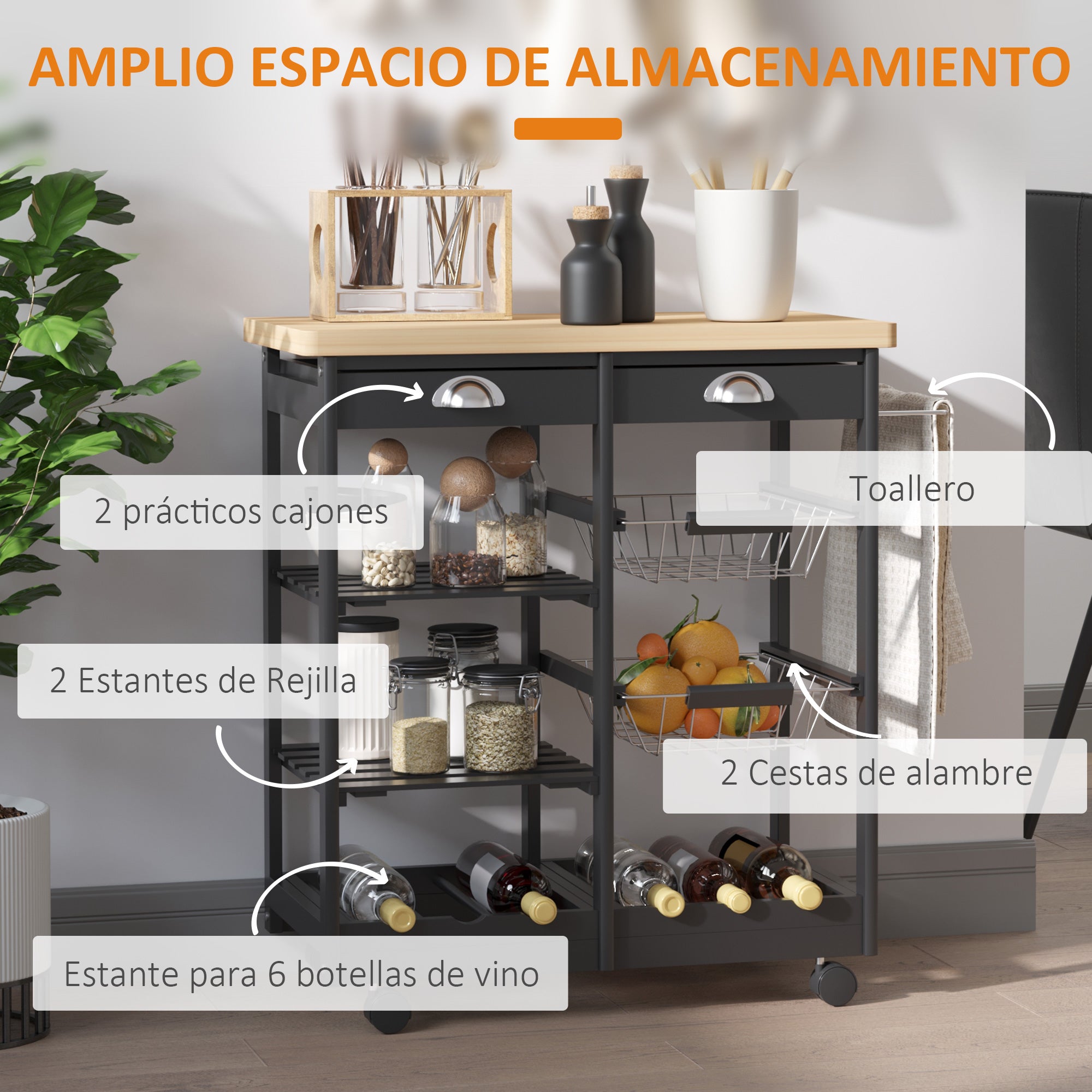 Mobile Kitchen Trolley with Wheels Vegetable Trolley Kitchen Cart with 2 Drawers 2 Baskets and 2 Shelves for Dining Room 74x37x76 cm Black