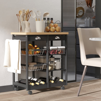 Mobile Kitchen Trolley with Wheels Vegetable Trolley Kitchen Cart with 2 Drawers 2 Baskets and 2 Shelves for Dining Room 74x37x76 cm Black