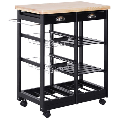 Mobile Kitchen Trolley with Wheels Vegetable Trolley Kitchen Cart with 2 Drawers 2 Baskets and 2 Shelves for Dining Room 74x37x76 cm Black