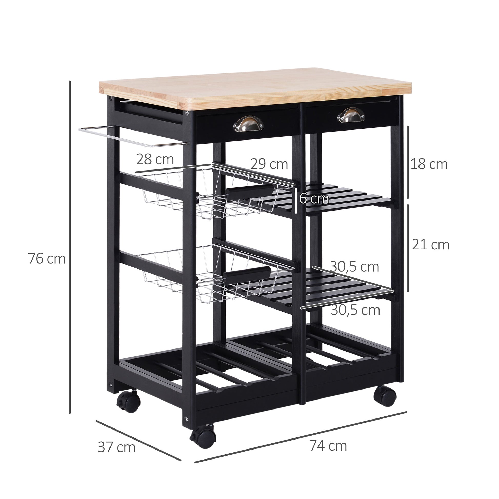 Mobile Kitchen Trolley with Wheels Vegetable Trolley Kitchen Cart with 2 Drawers 2 Baskets and 2 Shelves for Dining Room 74x37x76 cm Black