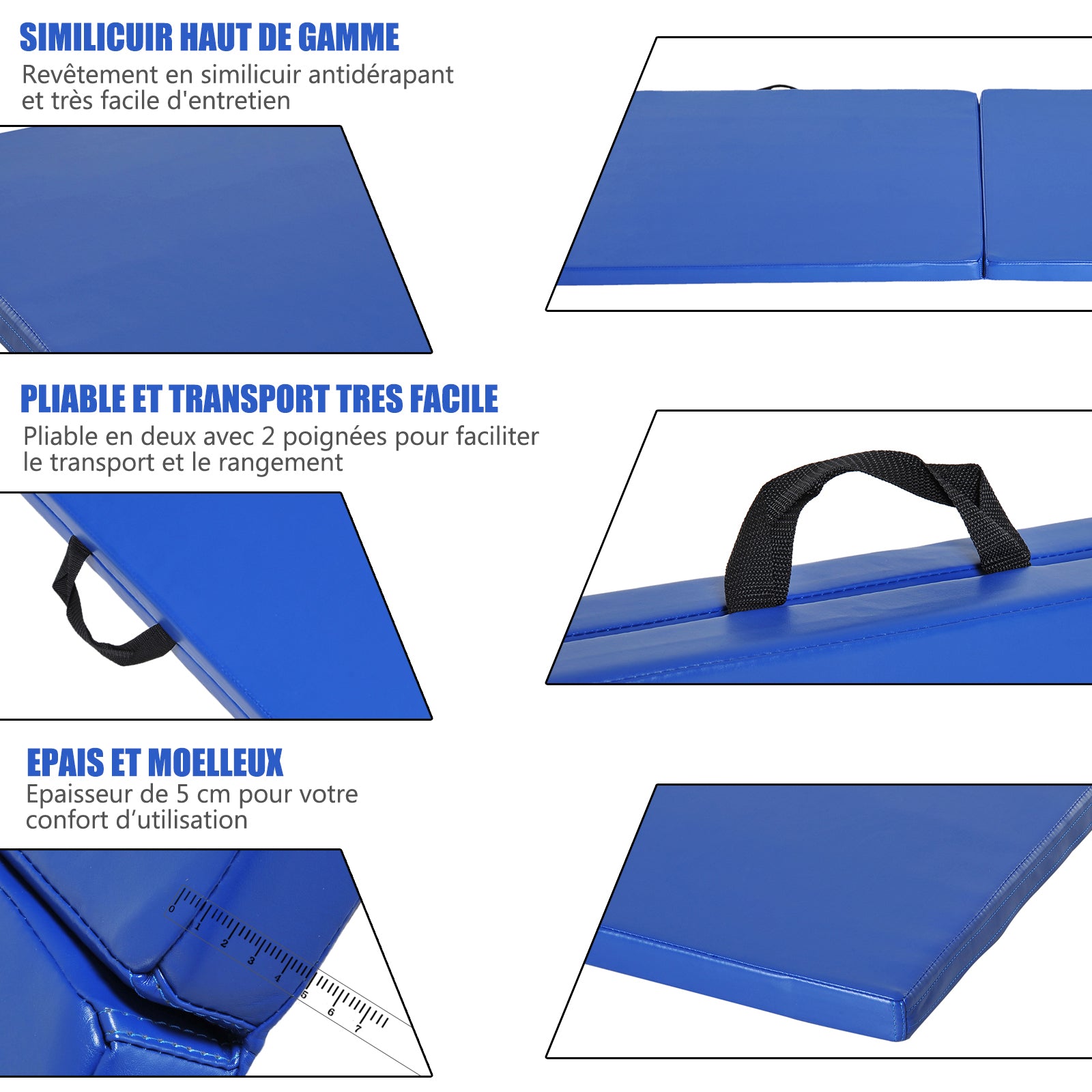 Gymnastics Yoga Pilates Fitness Folding Portable Mat Comfortable 180L x 60W x 5H cm Synthetic Coating Blue
