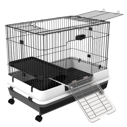 Metal Cage for Rabbits Guinea Pigs in Black with 2 Doors and Removable Tray 81.2x52.7x70cm
