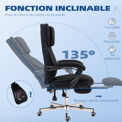Office Chair Ergonomic Desk Chair Adjustable Height Reclining Backrest Armrests Footrest and Headrest Swivel Office Chair with Wheels 65x61x105-113cm Black