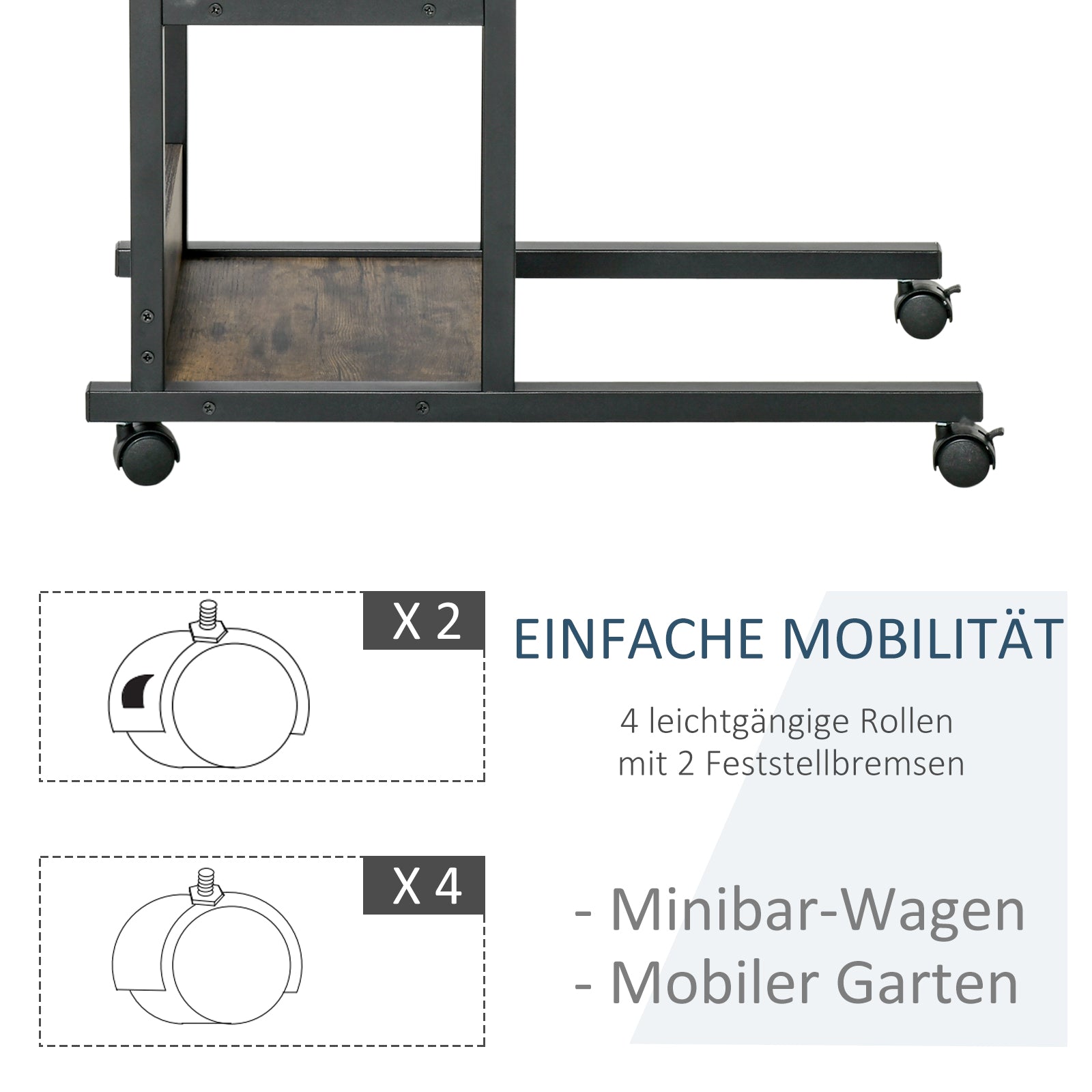 Side Table Coffee Table with Wheels, Height Adjustable Desk with 2 Lower Shelves, End Table Laptop Table, Bedside Table, for Dining Room Living Room, Metal, Brown, 80x40x72-82 cm