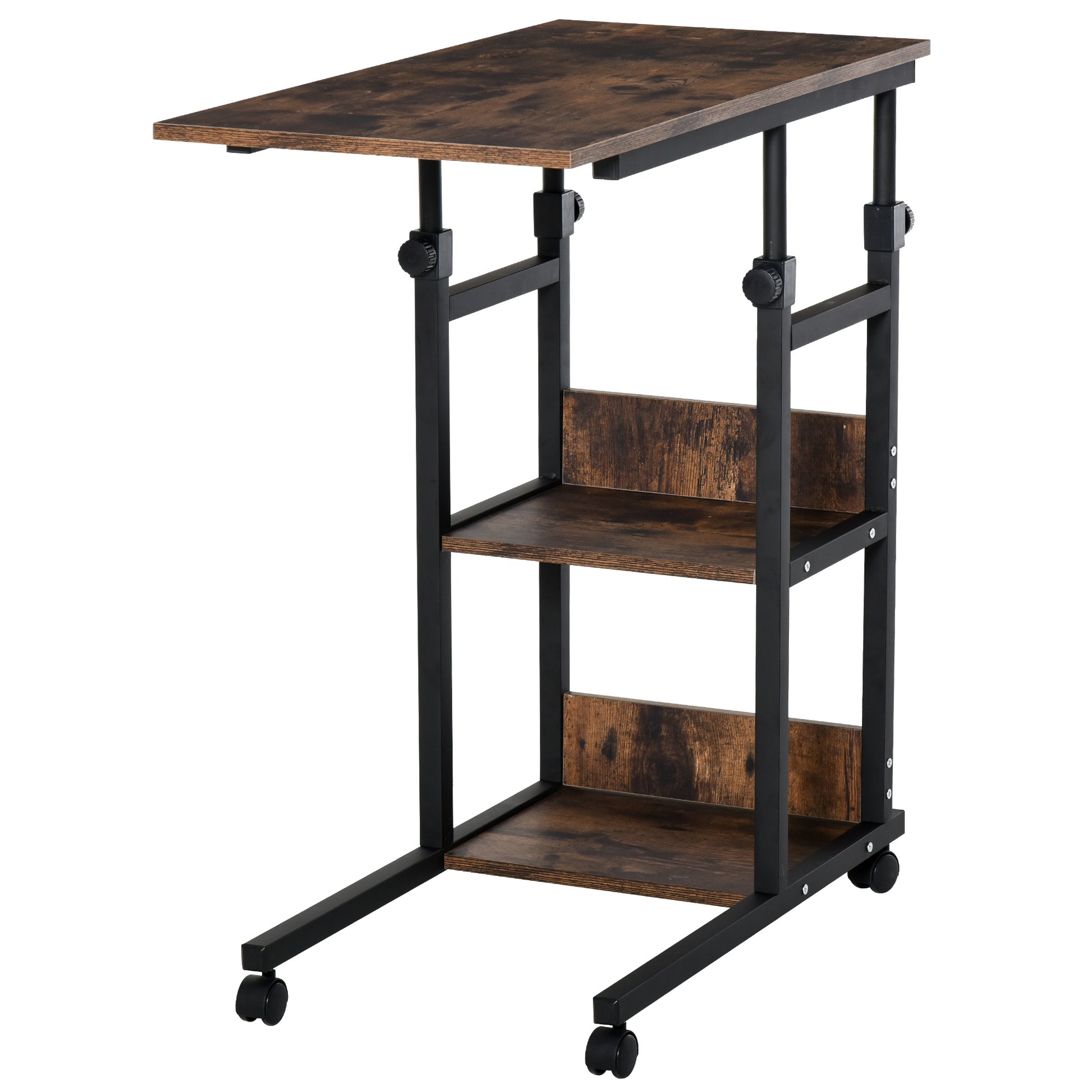 Side Table Coffee Table with Wheels, Height Adjustable Desk with 2 Lower Shelves, End Table Laptop Table, Bedside Table, for Dining Room Living Room, Metal, Brown, 80x40x72-82 cm