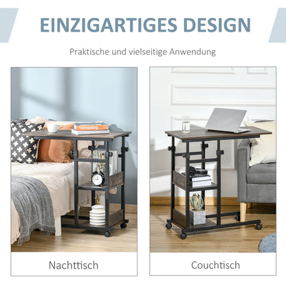Side Table Coffee Table with Wheels, Height Adjustable Desk with 2 Lower Shelves, End Table Laptop Table, Bedside Table, for Dining Room Living Room, Metal, Brown, 80x40x72-82 cm
