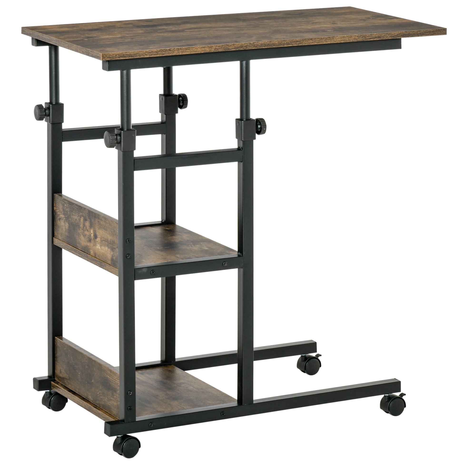 Side Table Coffee Table with Wheels, Height Adjustable Desk with 2 Lower Shelves, End Table Laptop Table, Bedside Table, for Dining Room Living Room, Metal, Brown, 80x40x72-82 cm