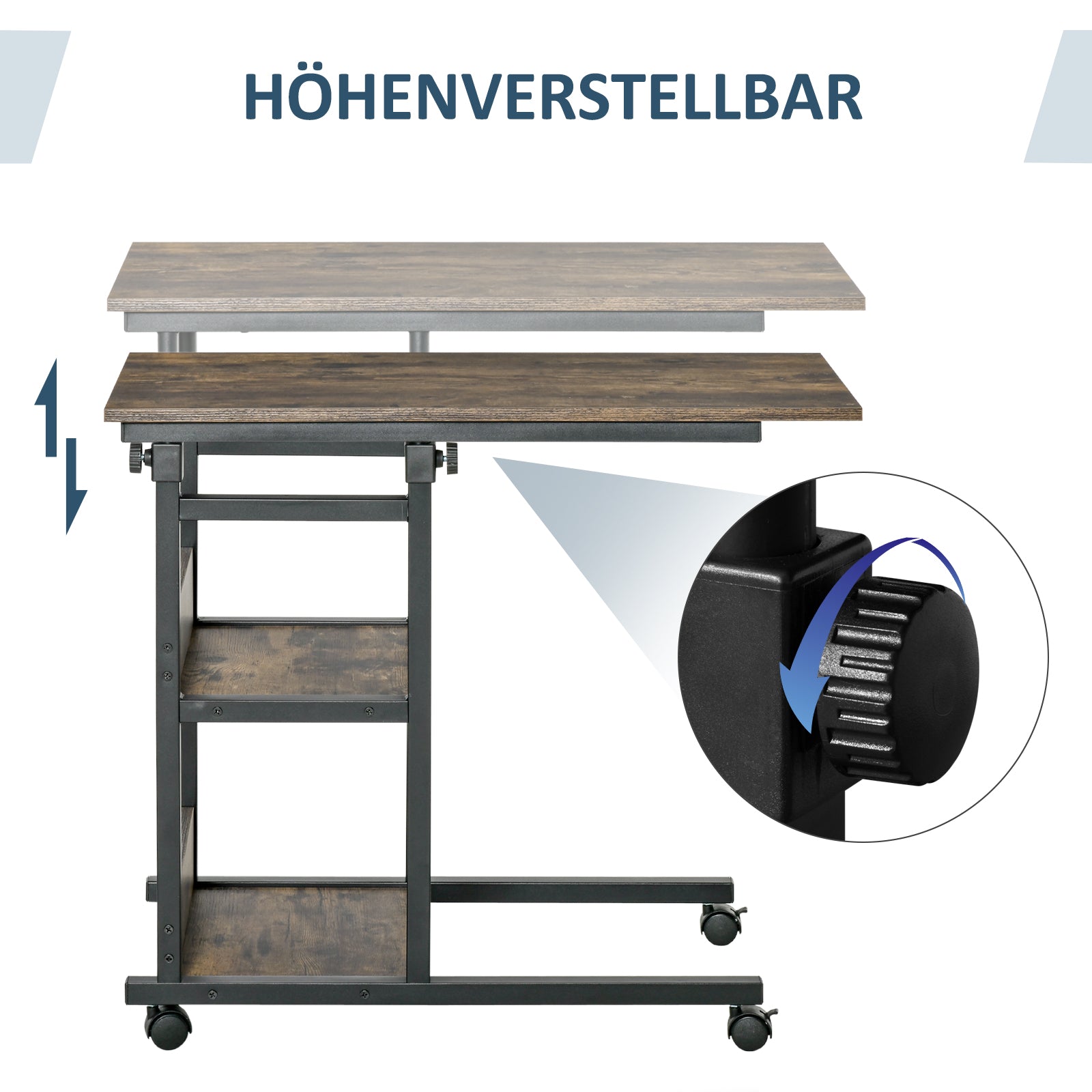 Side Table Coffee Table with Wheels, Height Adjustable Desk with 2 Lower Shelves, End Table Laptop Table, Bedside Table, for Dining Room Living Room, Metal, Brown, 80x40x72-82 cm