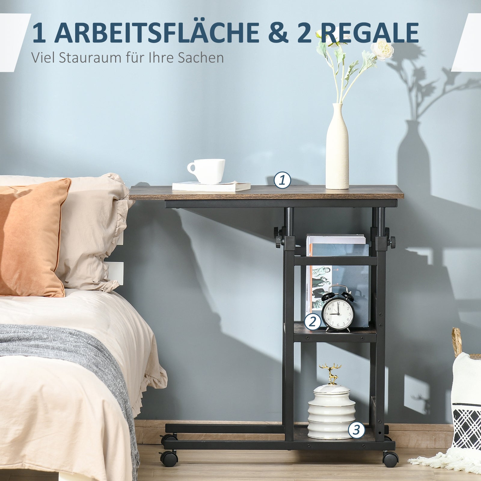 Side Table Coffee Table with Wheels, Height Adjustable Desk with 2 Lower Shelves, End Table Laptop Table, Bedside Table, for Dining Room Living Room, Metal, Brown, 80x40x72-82 cm