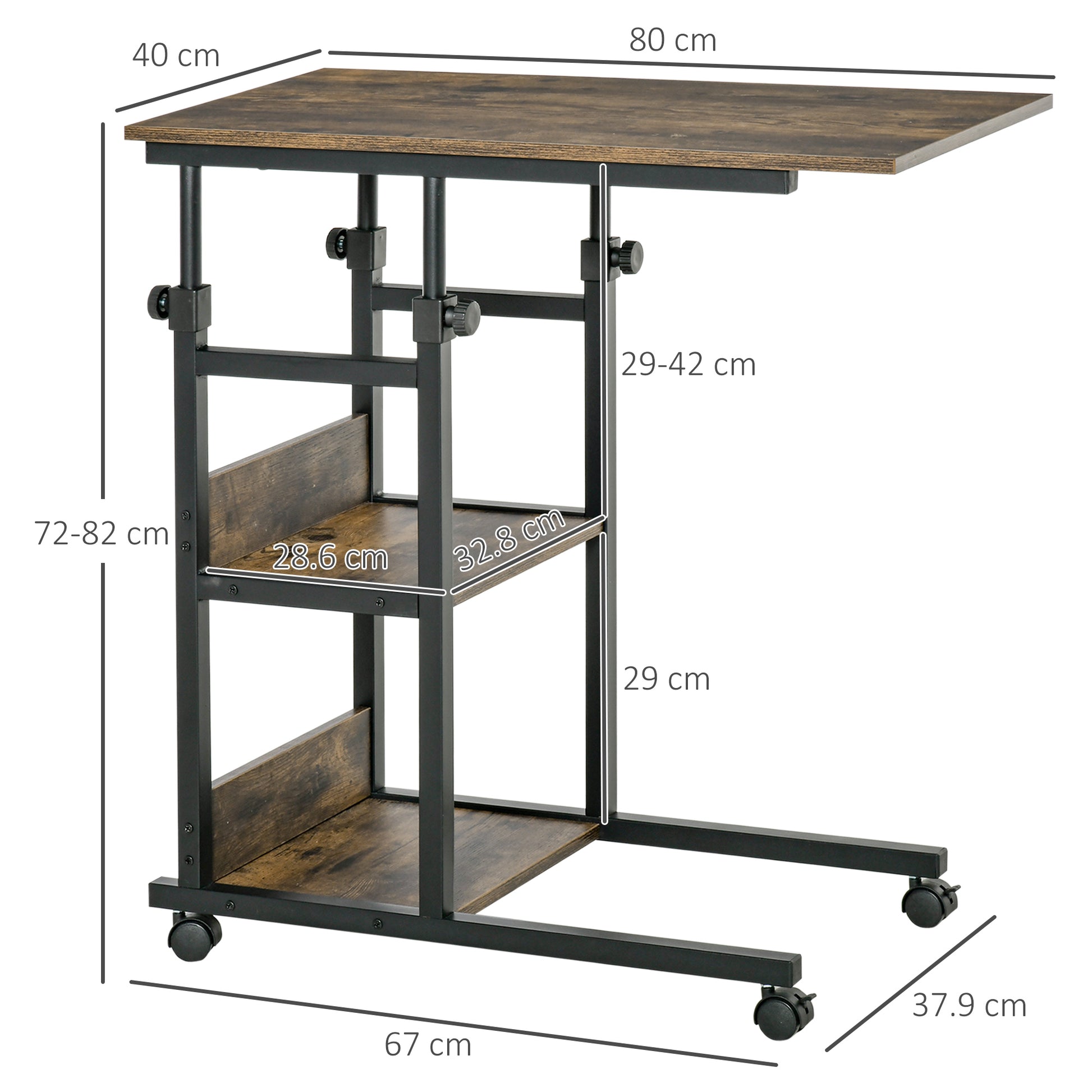 Side Table Coffee Table with Wheels, Height Adjustable Desk with 2 Lower Shelves, End Table Laptop Table, Bedside Table, for Dining Room Living Room, Metal, Brown, 80x40x72-82 cm