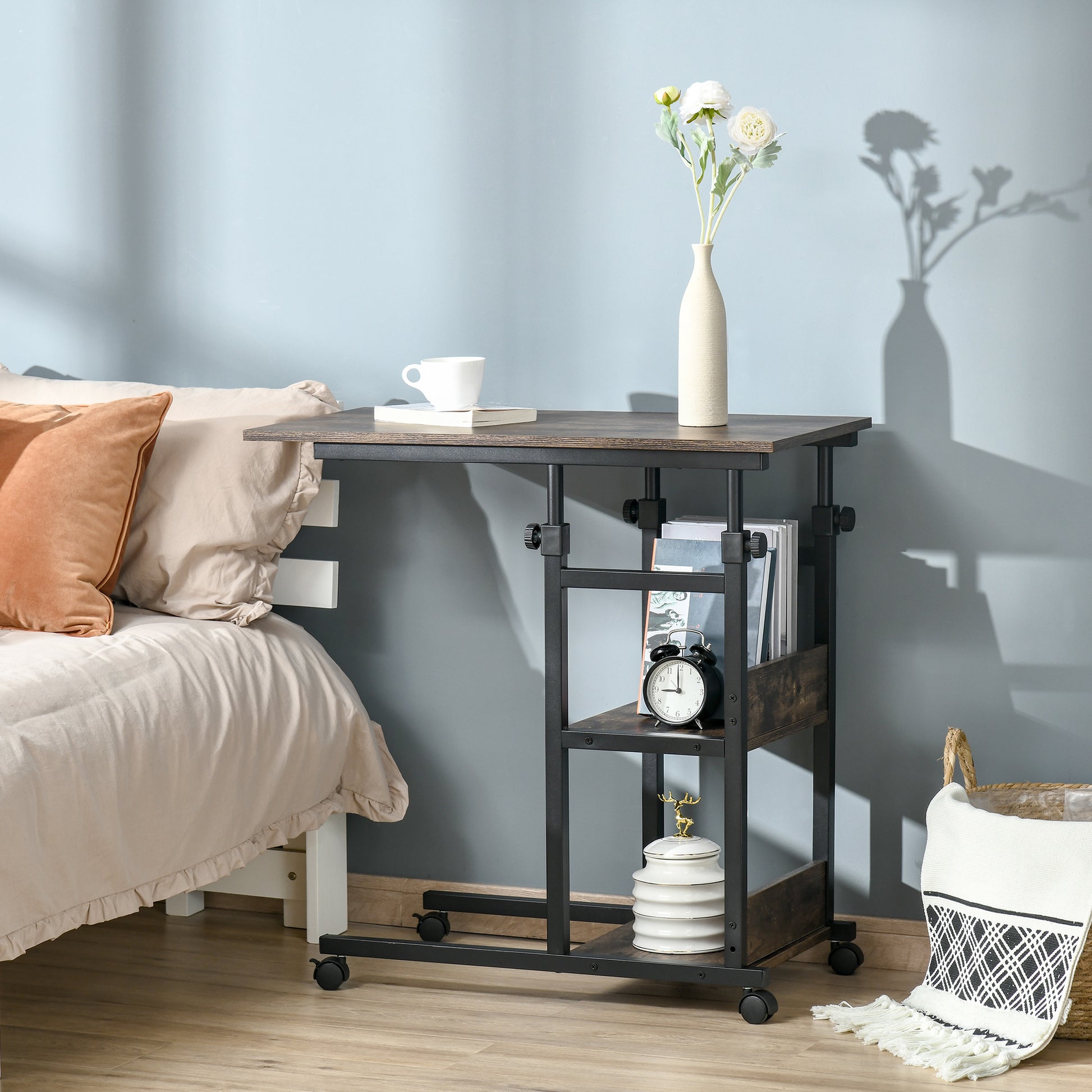 Side Table Coffee Table with Wheels, Height Adjustable Desk with 2 Lower Shelves, End Table Laptop Table, Bedside Table, for Dining Room Living Room, Metal, Brown, 80x40x72-82 cm