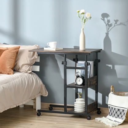 Side Table Coffee Table with Wheels, Height Adjustable Desk with 2 Lower Shelves, End Table Laptop Table, Bedside Table, for Dining Room Living Room, Metal, Brown, 80x40x72-82 cm