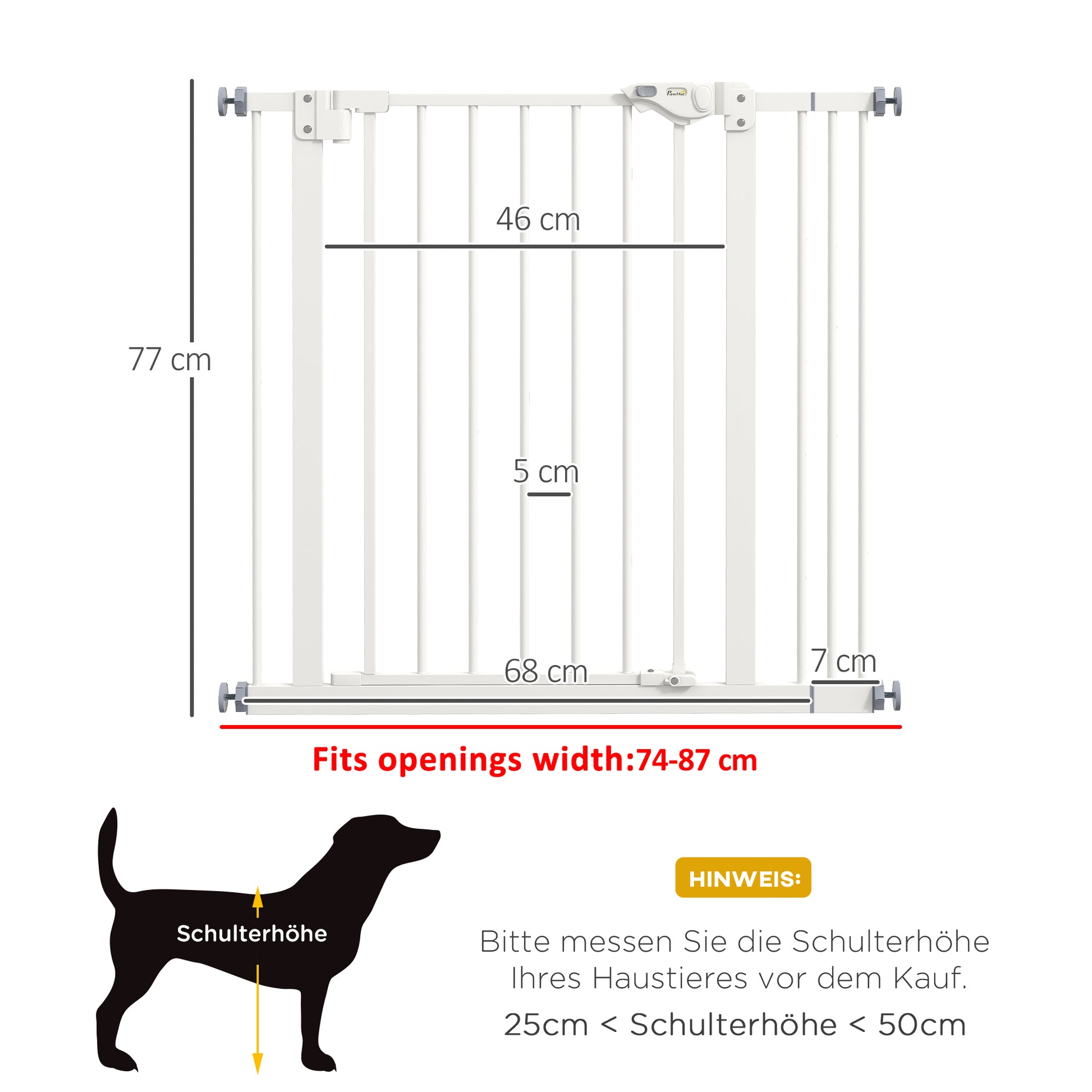Door Guard Gate Stair Guard Gate with 7 cm Extension Door Gate without Drilling Stair Gate for Widths 74-87 cm Double-Sided Swivel Metal White