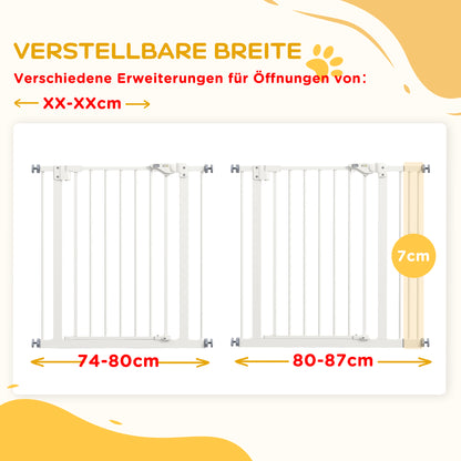 Door Guard Gate Stair Guard Gate with 7 cm Extension Door Gate without Drilling Stair Gate for Widths 74-87 cm Double-Sided Swivel Metal White