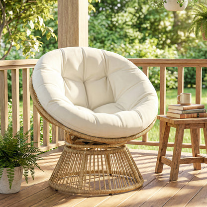 360° Swivel Papasan Chair with Cushion, Round PE Rattan Lounger on Steel Frame — Cream White