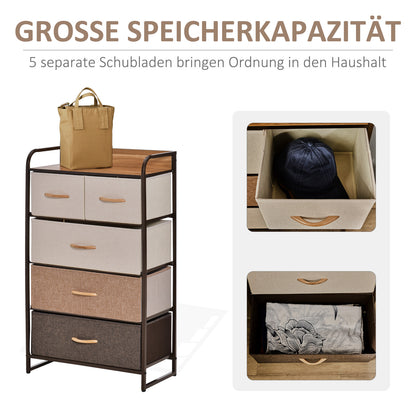 Chest of Drawers, Sideboard with 5 Foldable Fabric Drawers, Handle, Storage Cabinet with Anti-tipping device for Living Room, Bedroom, Brown