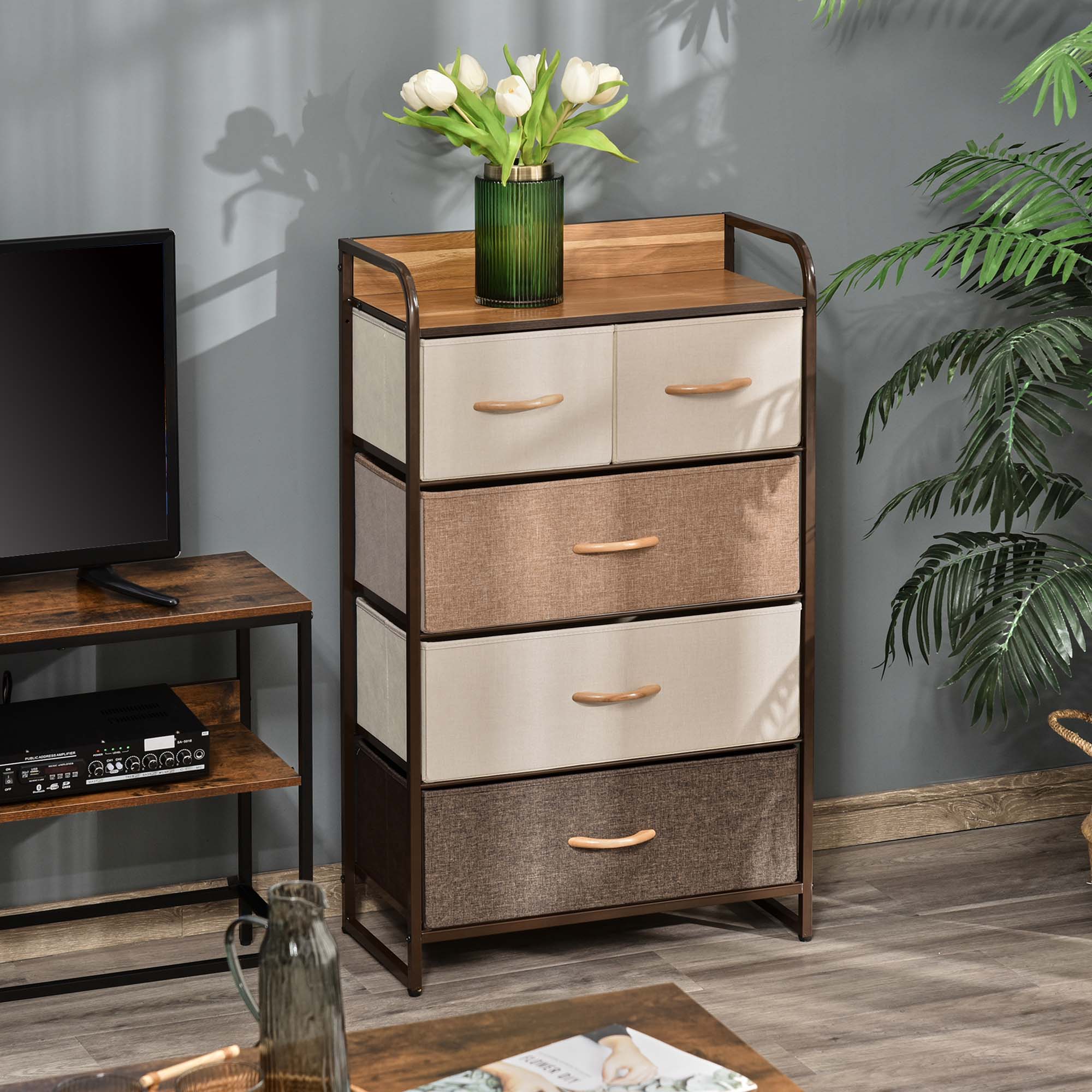 Chest of Drawers, Sideboard with 5 Foldable Fabric Drawers, Handle, Storage Cabinet with Anti-tipping device for Living Room, Bedroom, Brown