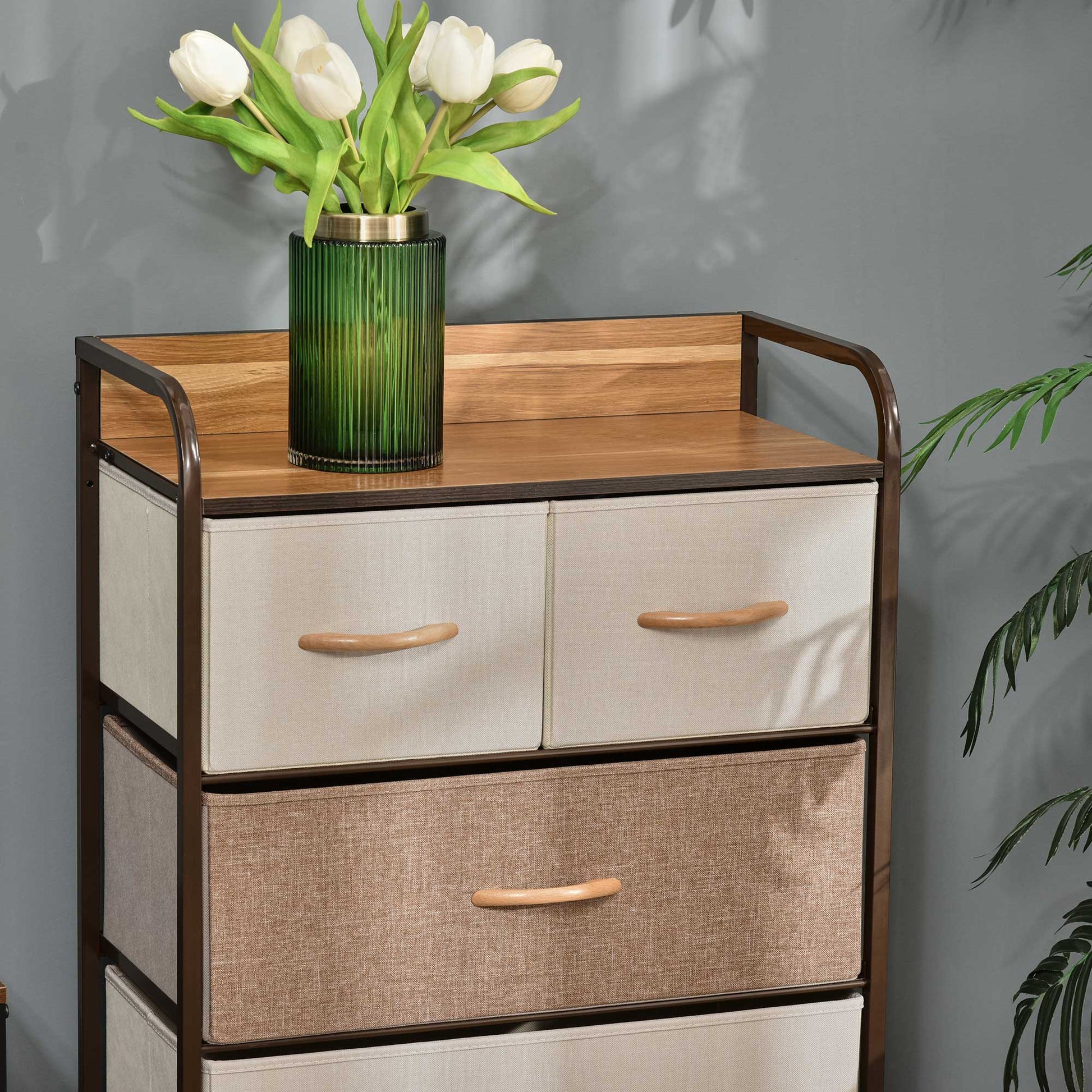 Chest of Drawers, Sideboard with 5 Foldable Fabric Drawers, Handle, Storage Cabinet with Anti-tipping device for Living Room, Bedroom, Brown