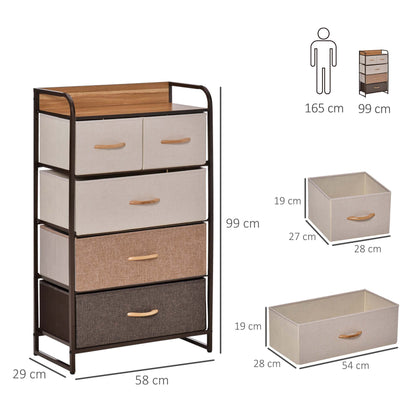 Chest of Drawers, Sideboard with 5 Foldable Fabric Drawers, Handle, Storage Cabinet with Anti-tipping device for Living Room, Bedroom, Brown