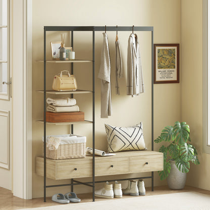 4-in-1 Freestanding Coat Rack with Shelves, Drawers & Hanging Rod — Oak Finish, Metal Frame, Anti-Tip (70.9" H)