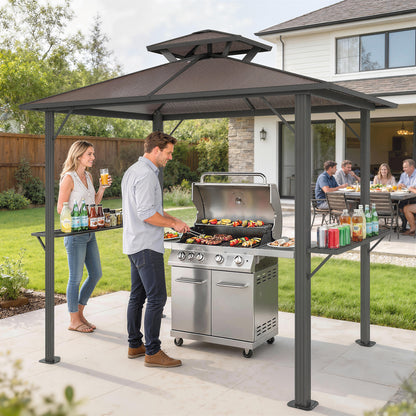 Grill Pavilion 2.5 x 1.5 m (approx. 8.2 x 4.9 ft) — Waterproof Double Polycarbonate Roof BBQ Canopy with Side Shelves, Aluminum Frame, UV-Resistant, Brown