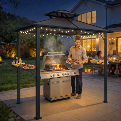 Grill Pavilion 2.5 x 1.5 m (approx. 8.2 x 4.9 ft) — Waterproof Double Polycarbonate Roof BBQ Canopy with Side Shelves, Aluminum Frame, UV-Resistant, Brown