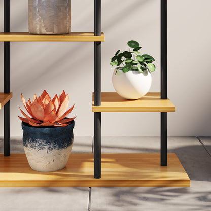 Indoor Plant Stand, 6-Tier Plant Shelf, Steel Frame Solid Wood Base, Plant Holder for Living Room, Balcony, Garden, Natural Wood