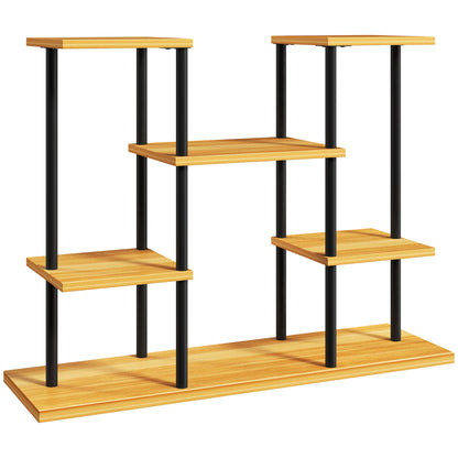 Indoor Plant Stand, 6-Tier Plant Shelf, Steel Frame Solid Wood Base, Plant Holder for Living Room, Balcony, Garden, Natural Wood