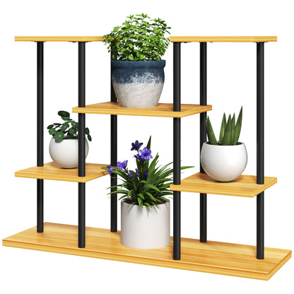 Indoor Plant Stand, 6-Tier Plant Shelf, Steel Frame Solid Wood Base, Plant Holder for Living Room, Balcony, Garden, Natural Wood
