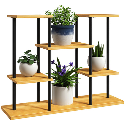 Indoor Plant Stand, 6-Tier Plant Shelf, Steel Frame Solid Wood Base, Plant Holder for Living Room, Balcony, Garden, Natural Wood