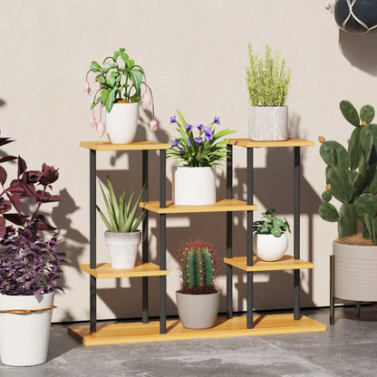 Indoor Plant Stand, 6-Tier Plant Shelf, Steel Frame Solid Wood Base, Plant Holder for Living Room, Balcony, Garden, Natural Wood