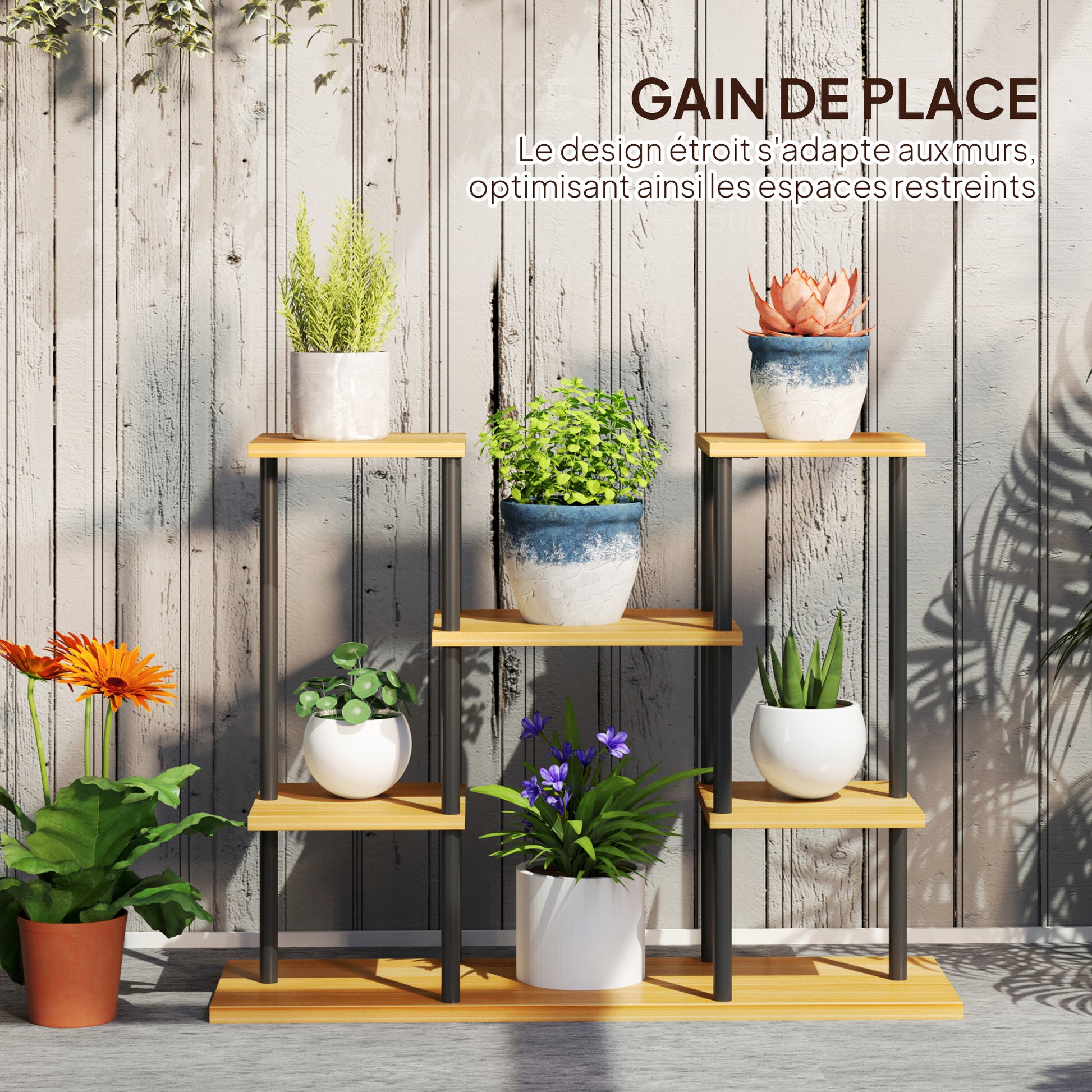Indoor Plant Stand, 6-Tier Plant Shelf, Steel Frame Solid Wood Base, Plant Holder for Living Room, Balcony, Garden, Natural Wood