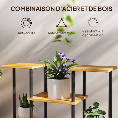 Indoor Plant Stand, 6-Tier Plant Shelf, Steel Frame Solid Wood Base, Plant Holder for Living Room, Balcony, Garden, Natural Wood