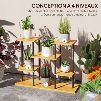 Indoor Plant Stand, 6-Tier Plant Shelf, Steel Frame Solid Wood Base, Plant Holder for Living Room, Balcony, Garden, Natural Wood