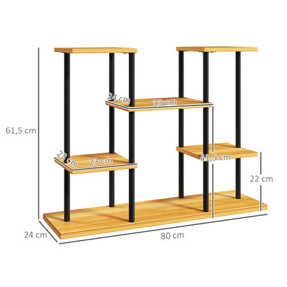 Indoor Plant Stand, 6-Tier Plant Shelf, Steel Frame Solid Wood Base, Plant Holder for Living Room, Balcony, Garden, Natural Wood