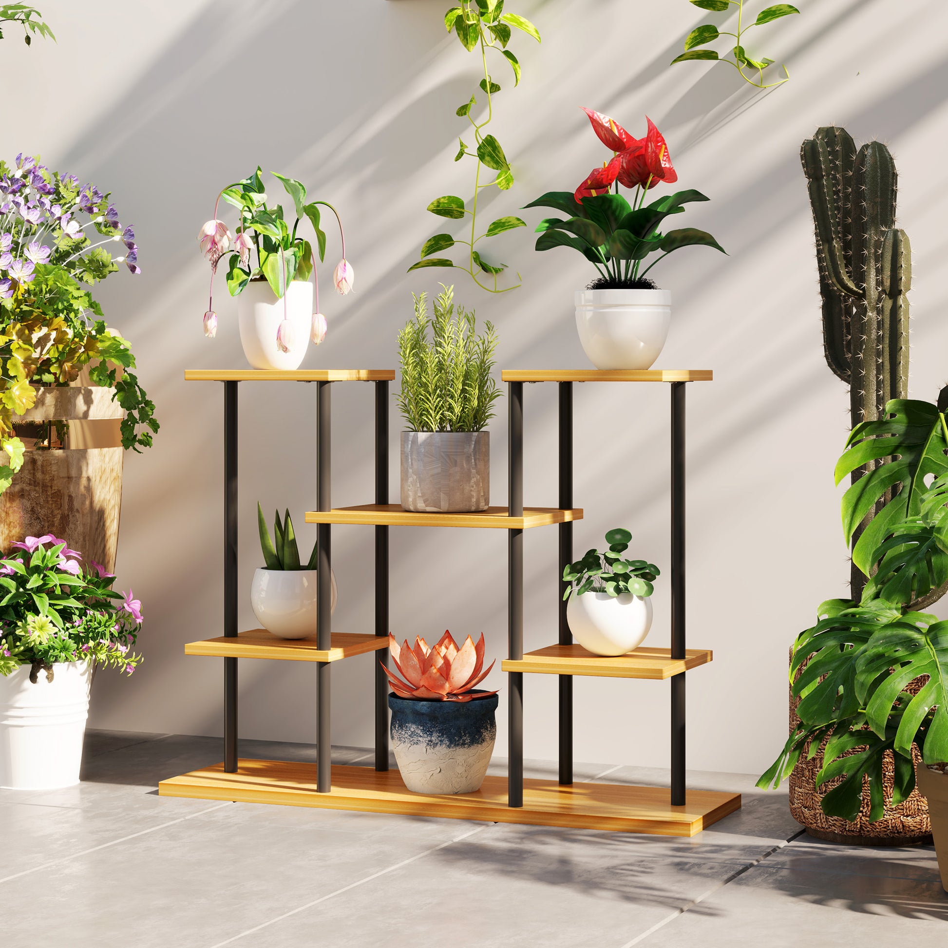 Indoor Plant Stand, 6-Tier Plant Shelf, Steel Frame Solid Wood Base, Plant Holder for Living Room, Balcony, Garden, Natural Wood