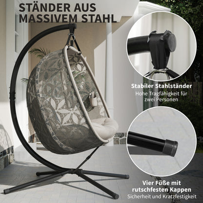 Foldable XXL Egg Hanging Chair with Stand — 2-Person Hanging Basket Swing, Thick Cushion, Cup Holders & Safety Strap — Indoor/Outdoor, Sand (529 lb)