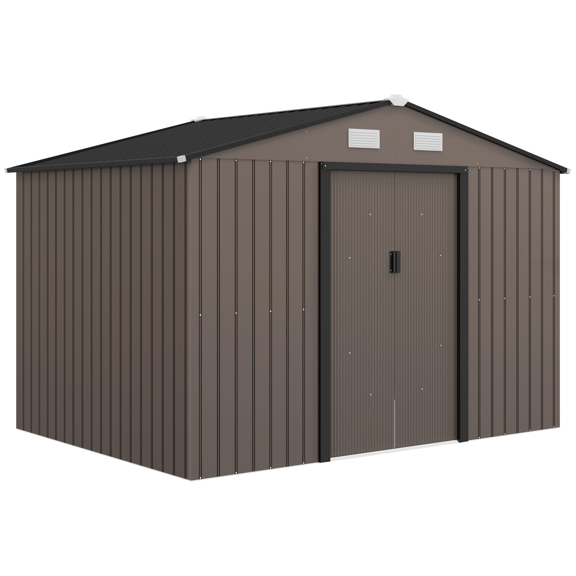 XXL Galvanized Steel Garden Shed 5.4 m² (58 sq ft) with Foundation Kit, 277 x 195 x 192 cm (9 ft 1 in x 6 ft 5 in x 6 ft 4 in), Outdoor Tool Storage Shed with Lockable Sliding Doors & 4 Vents, Brown