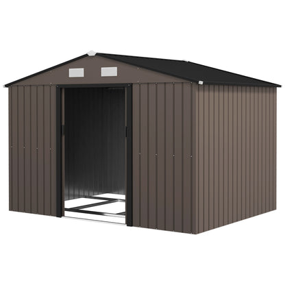 XXL Galvanized Steel Garden Shed 5.4 m² (58 sq ft) with Foundation Kit, 277 x 195 x 192 cm (9 ft 1 in x 6 ft 5 in x 6 ft 4 in), Outdoor Tool Storage Shed with Lockable Sliding Doors & 4 Vents, Brown