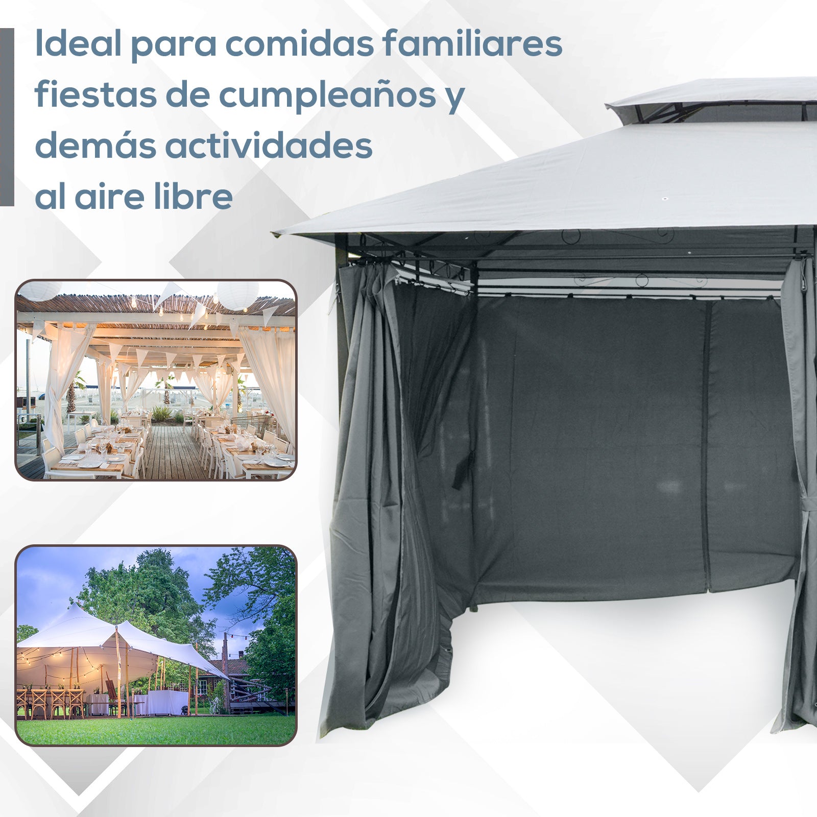 Garden Gazebo 3x4m Pergola with Double Roof Side Walls Water Resistant Outdoor Canopy for Patio Terrace Gray