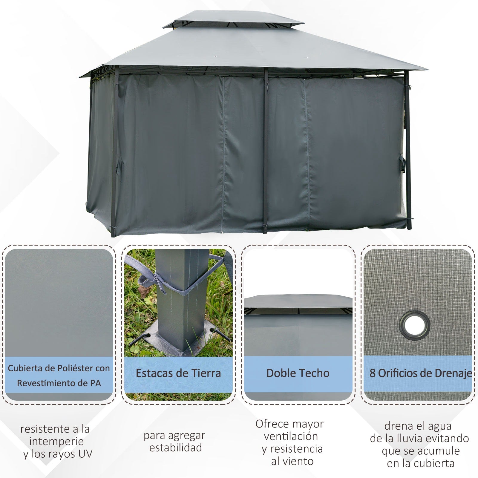 Garden Gazebo 3x4m Pergola with Double Roof Side Walls Water Resistant Outdoor Canopy for Patio Terrace Gray