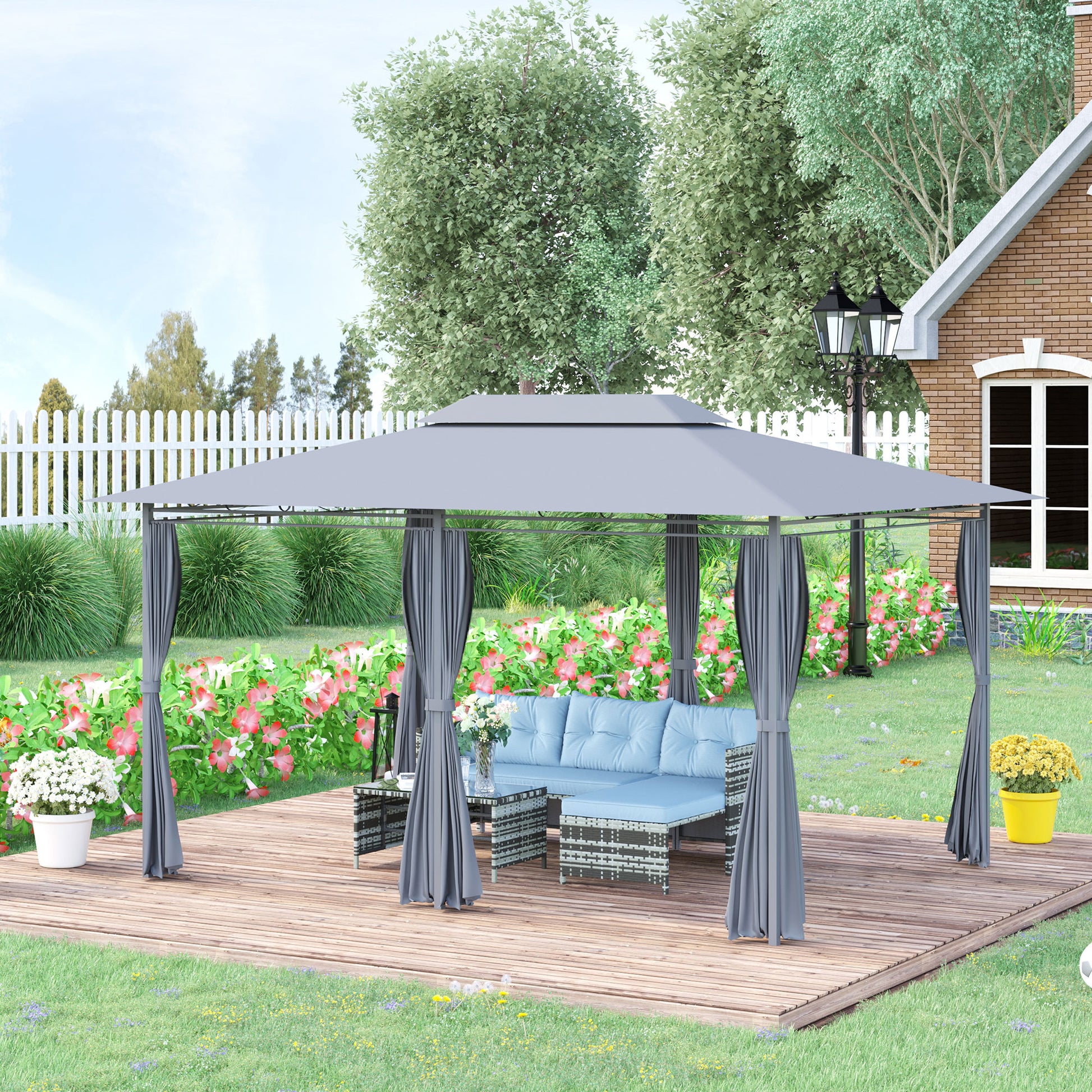 Garden Gazebo 3x4m Pergola with Double Roof Side Walls Water Resistant Outdoor Canopy for Patio Terrace Gray