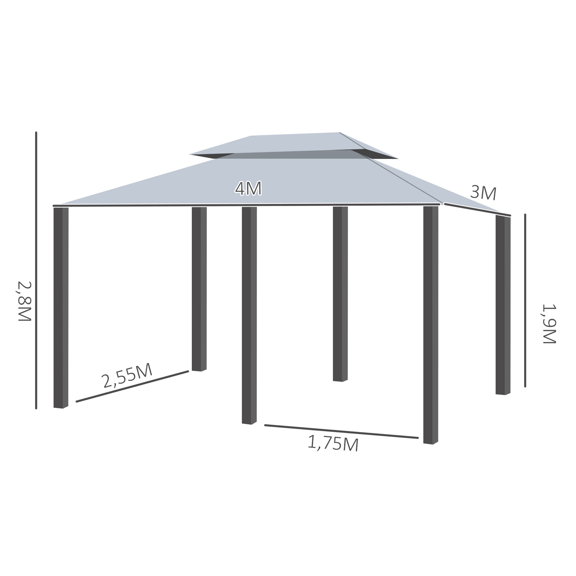 Garden Gazebo 3x4m Pergola with Double Roof Side Walls Water Resistant Outdoor Canopy for Patio Terrace Gray