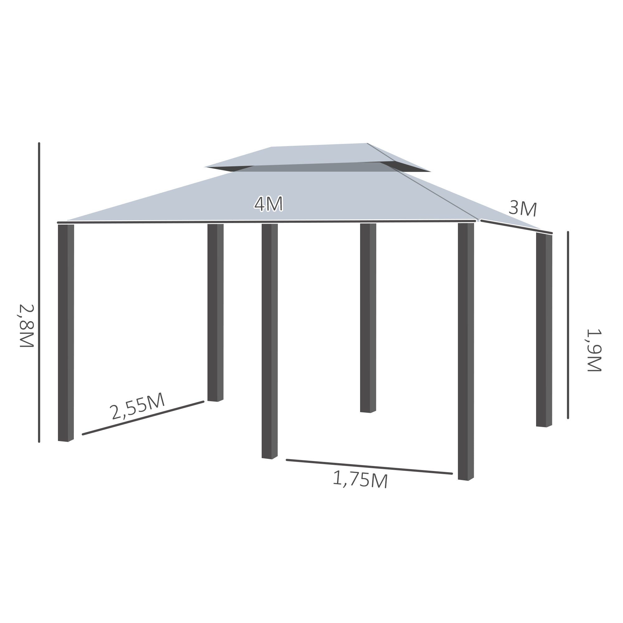 Garden Gazebo 3x4m Pergola with Double Roof Side Walls Water Resistant Outdoor Canopy for Patio Terrace Gray