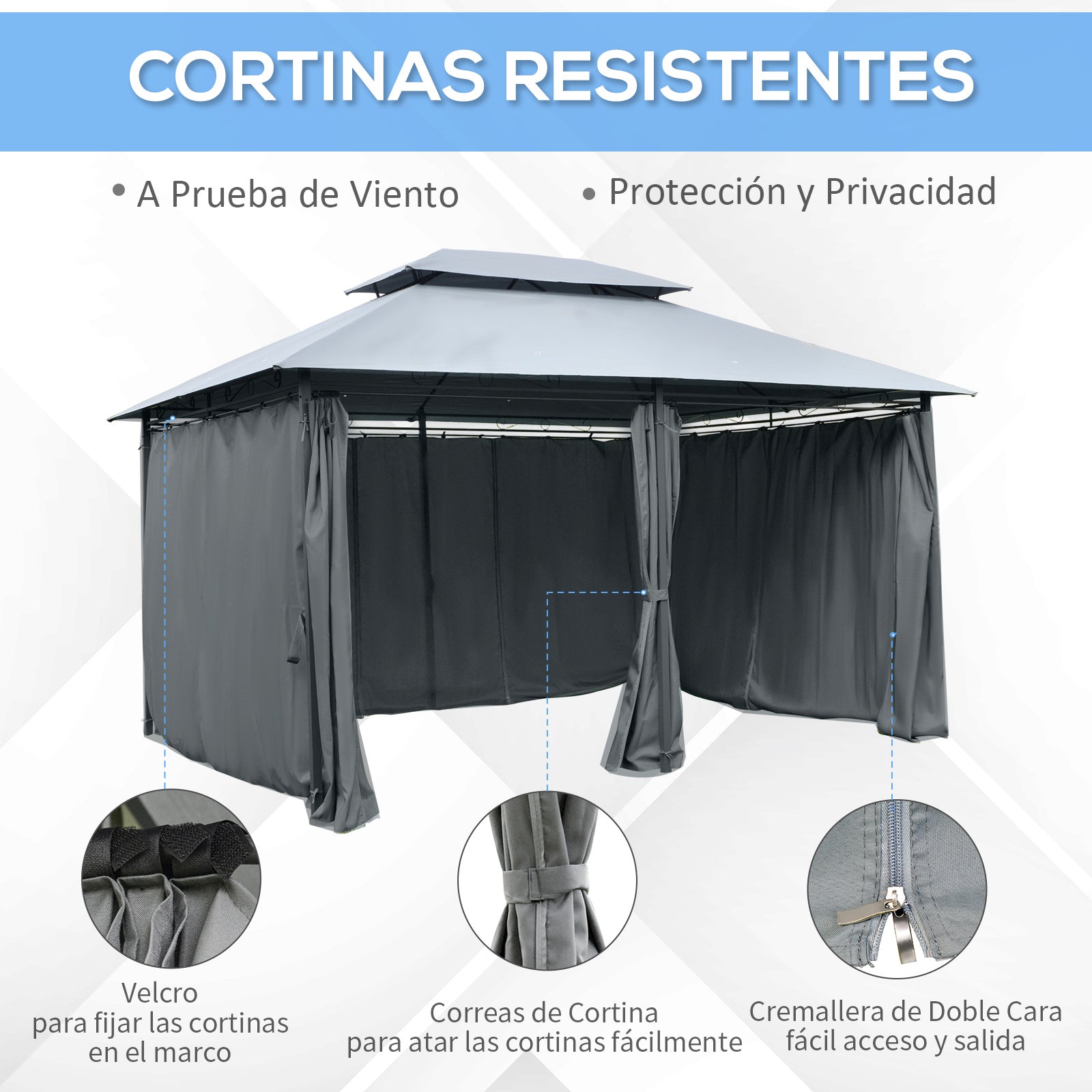 Garden Gazebo 3x4m Pergola with Double Roof Side Walls Water Resistant Outdoor Canopy for Patio Terrace Gray