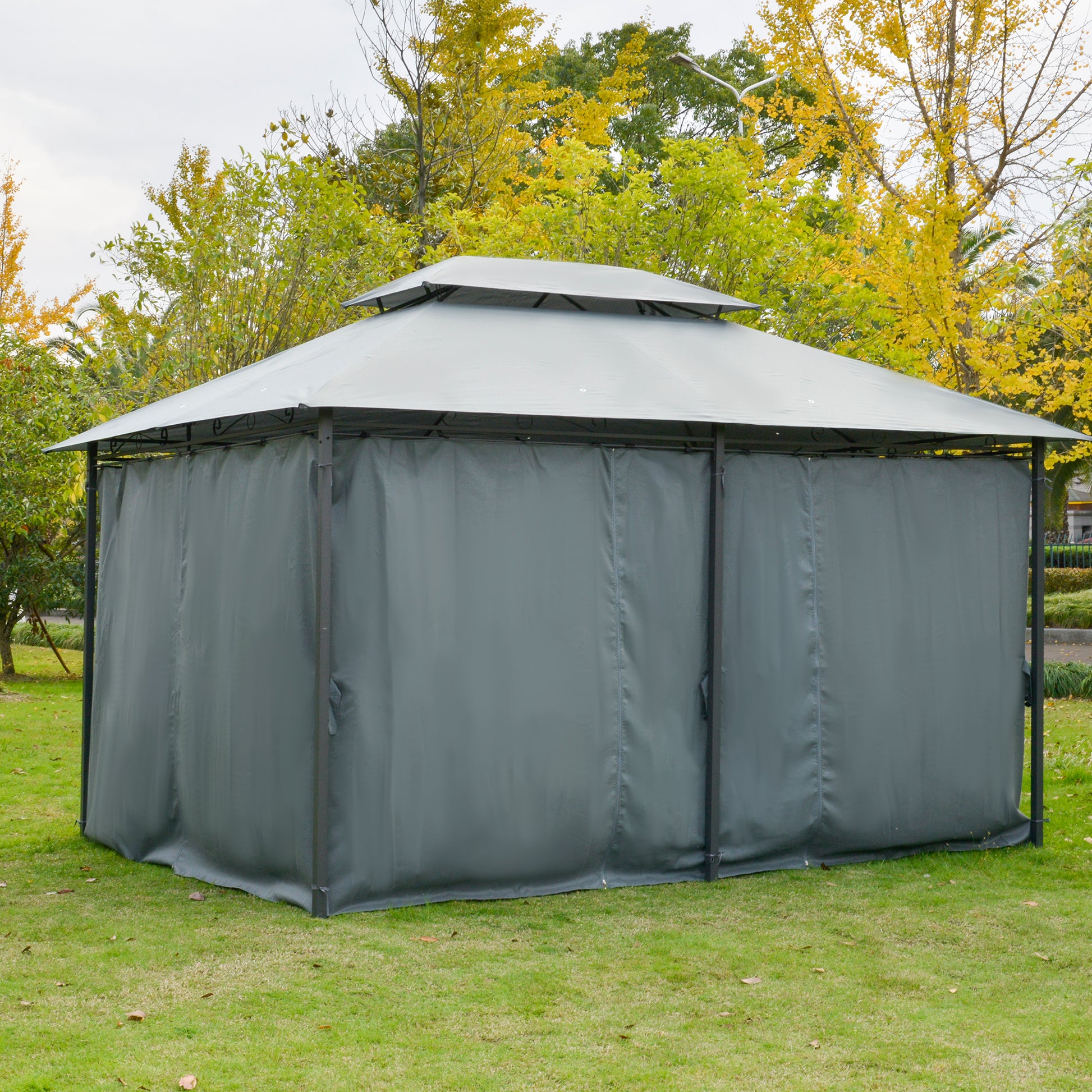 Garden Gazebo 3x4m Pergola with Double Roof Side Walls Water Resistant Outdoor Canopy for Patio Terrace Gray